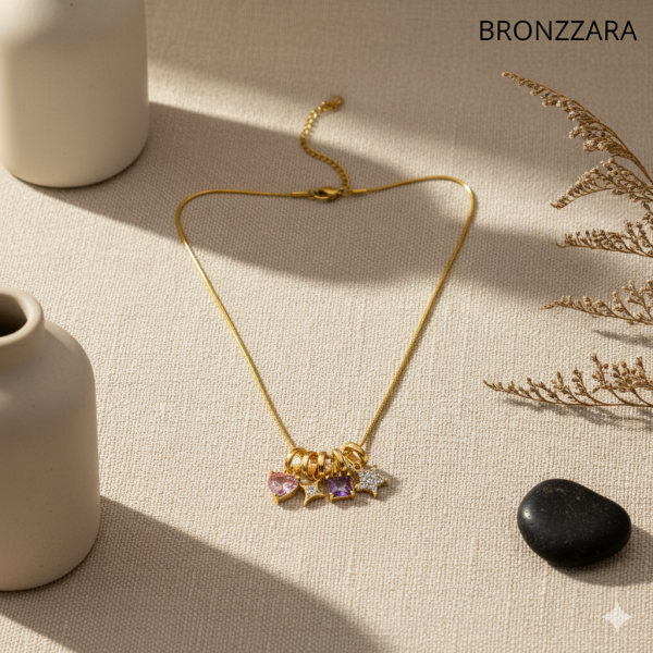 ÇELİK ZİRKON TAŞLI KALP DETAY CHARM KOLYE