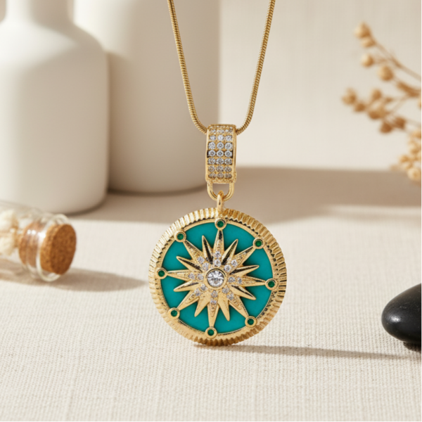 ÇELİK TURKUAZ TAŞLI GÜNEŞ CHARM KOLYE
