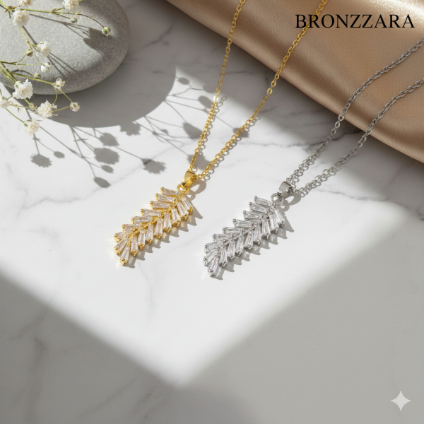 YAPRAK FORM BAGET TAŞLI ÇELİK KOLYE